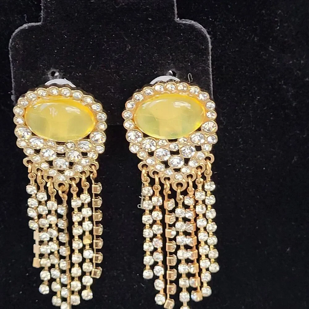 Old Glamour Vintage Tiger's Eye Gold Chandelier Tassel Earrings Clip-On 2.75 in